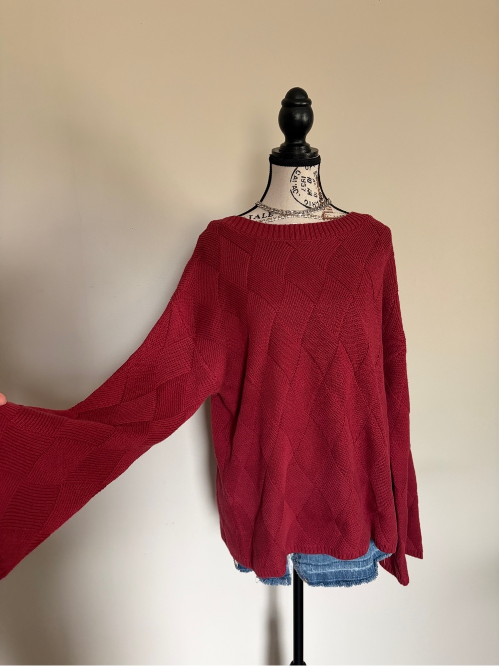FDJ French Dressing Red Bell Sleeve Drop Shoulder Diamond Knit Boatneck Sweater - Picture 3 of 10